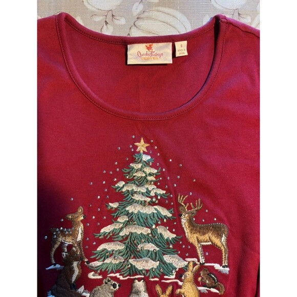 Quacker Factory Small Maroon Shirt Embroidered Animals and Pine Tree Long Sleeve - Picture 3 of 5